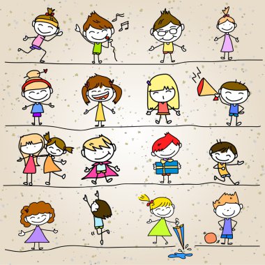 El çizimi karikatür soyut mutlu çocuklar