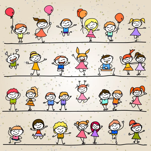 Conjunto de dibujo a mano dibujos animados abstractos niños felices — Vector de stock