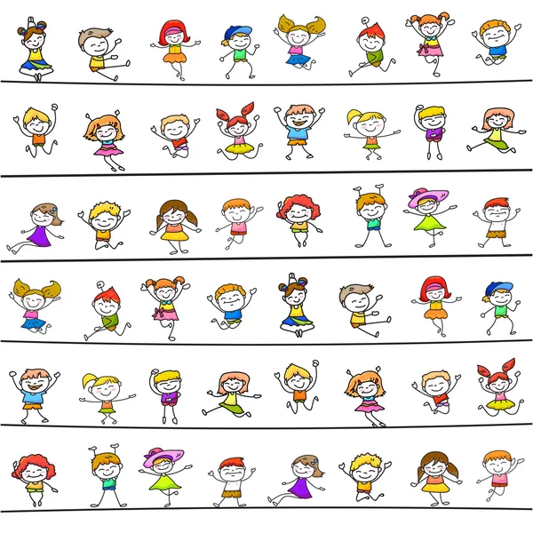 Crianças felizes mão desenho personagens de desenhos animados — Vetor de Stock