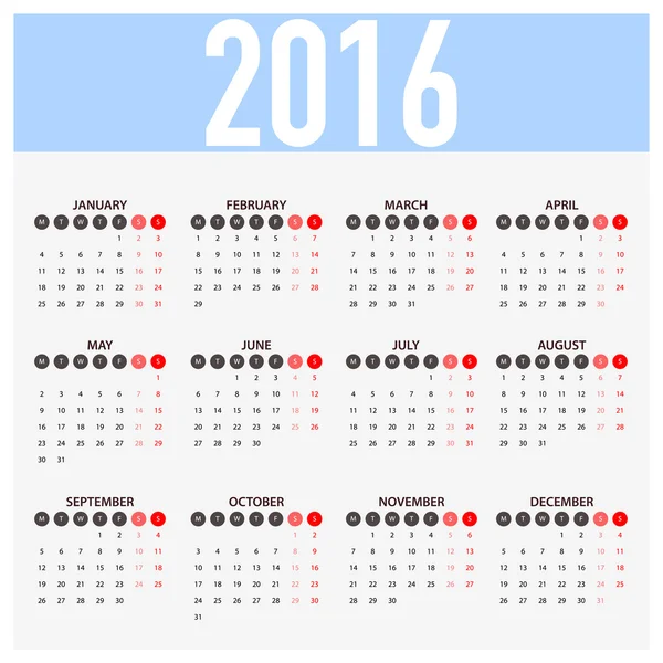 2016 月曜始まりのカレンダー — ストックベクタ