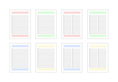 İşaretli renkli, düzenlenebilir yapılacaklar listesi şablonları. Planlamacılar, programlar, verimlilik araçları ya da basılabilir eklentiler için mükemmel. Pastel renklerde minimal, temiz vektör tasarımı.