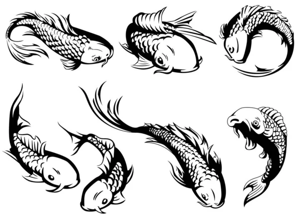 Silhouette Japanese Carp Koi Fish Swimming Illustration Outline Vector Set — Stock Vector