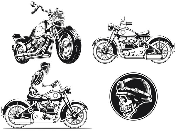 Silhouette rider biker motorcycle engraving illustration outline vector set