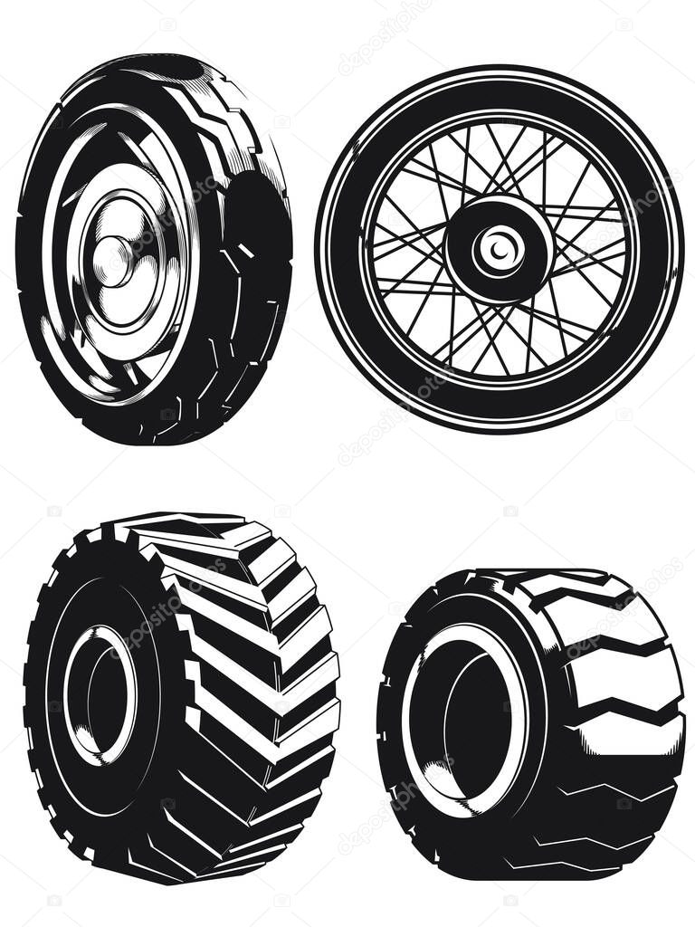 Silhouette motorcycle wheels car tires vector illustration outline set