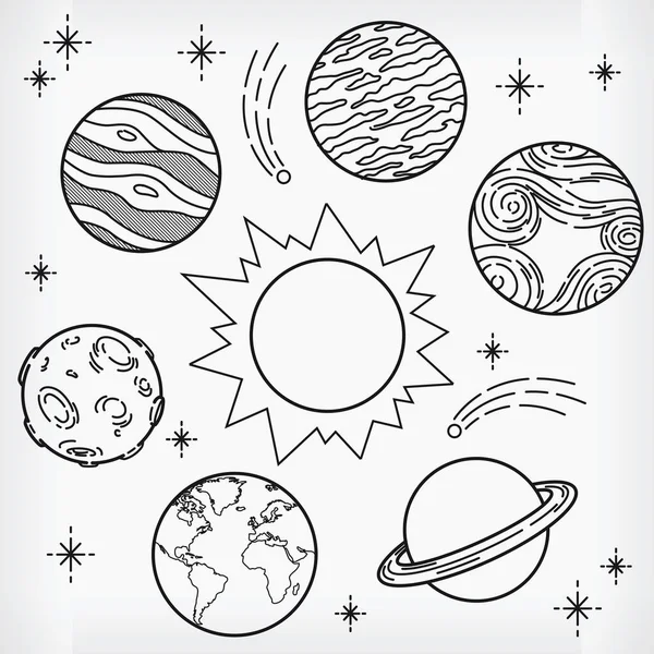 Doodle Planet Handdrawn Sistema Solar Esboço Vector Ilustração Desenho — Vetor de Stock
