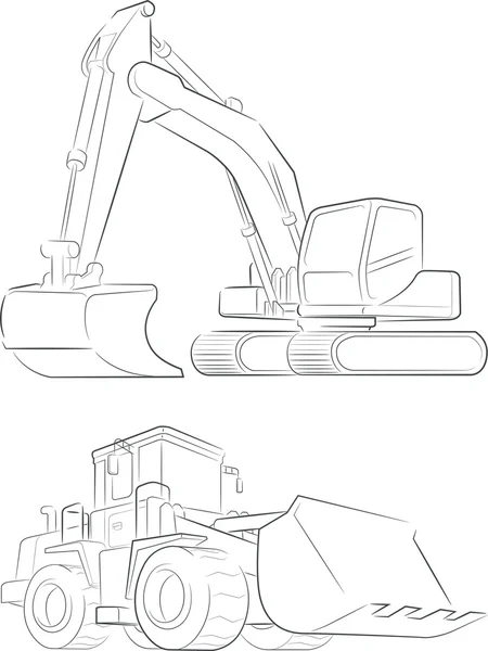 Bulldozer & Bagger Vektor Line Art — Stockvektor