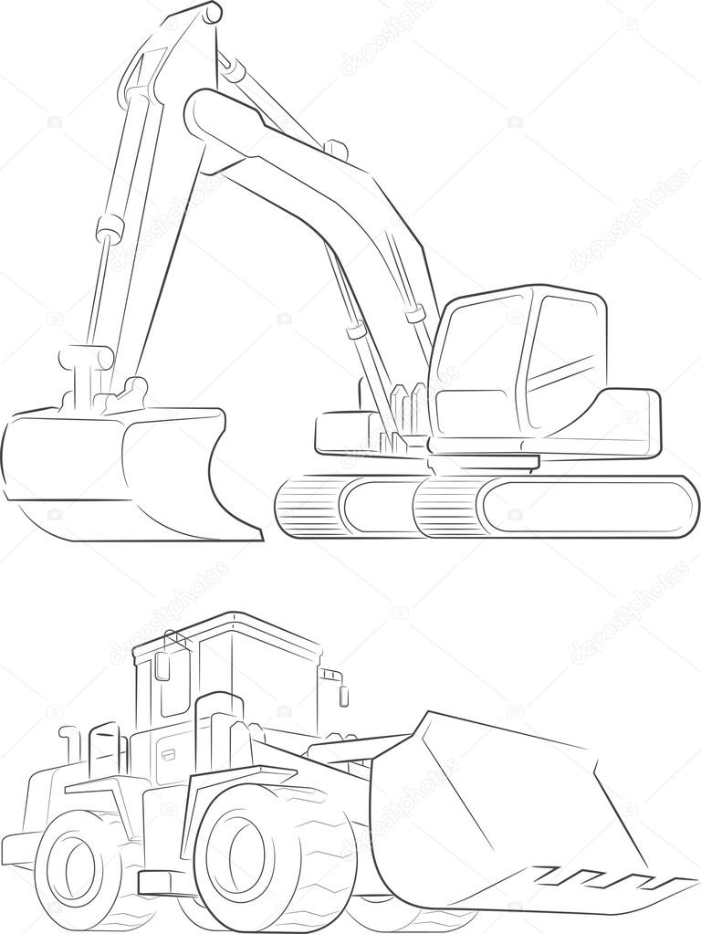 Bulldozer & Excavator Vector Line Art