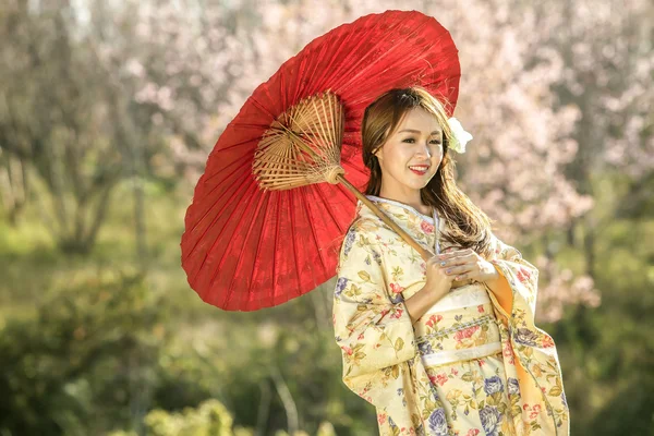 Mujer asiática con vestido tradicional camaleón y paraguas rojo en Imagen de stock
