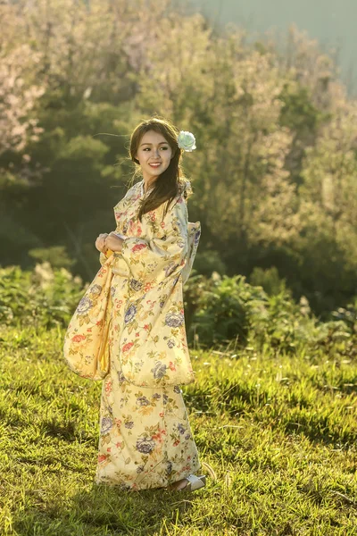 Mujer asiática con vestido Camaleón tradicional en la sakura garde Imagen de archivo