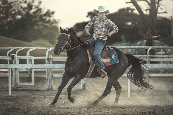 En cowboy ridning en häst i hans gård Stockbild