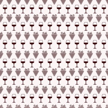 Alkol içecekleri. Üzüm ve şarap kadehleriyle kusursuz bir desen. Vektör illüstrasyonu