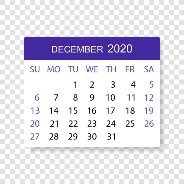 Calendar 2020 Pagină Decembrie Izolată Fundal Transparent Săptămâna Începe Duminică — Vector de stoc