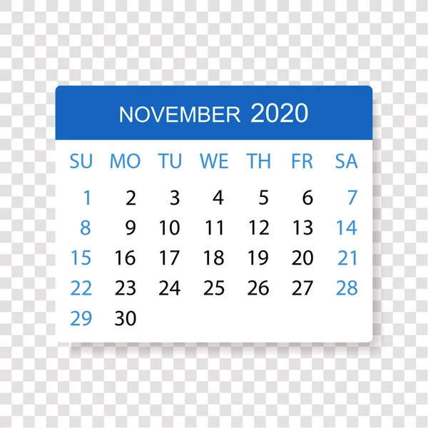 2020年日历 在透明的背景下与11月隔离的页面 周开始于周日 矢量说明 — 图库矢量图片