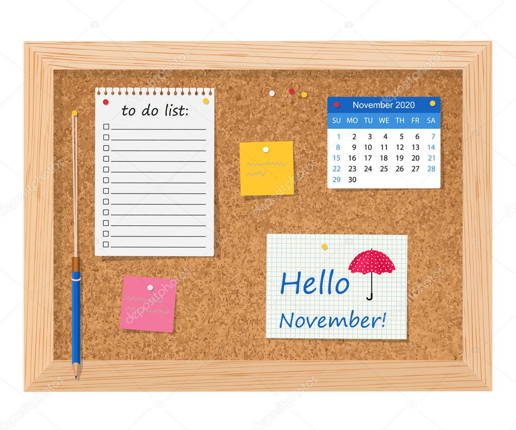 Calendar 2020. Hello, November! Cork board with to do list, adhesive notes and push pins. Vector illustration