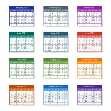 Takvim 2021. Aylık takvim. Hafta pazar günü başlıyor. Vektör illüstrasyonu