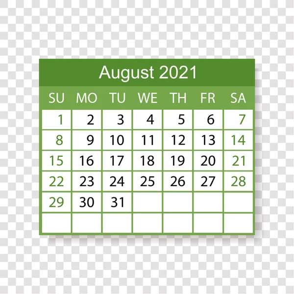 Kalendář 2021 August Týden Začíná Neděli Vektorová Ilustrace — Stockový vektor