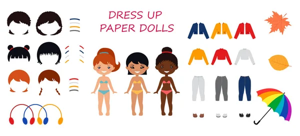 Dress Papierpuppen Set Von Niedlichen Chibi Mädchen Charaktere Flacher Cartoon — Stockvektor