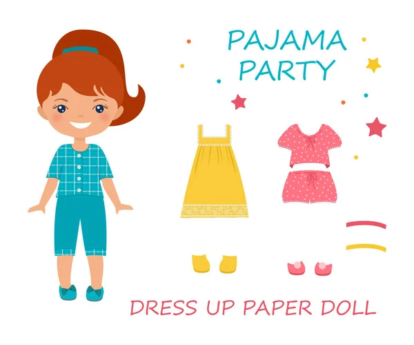 紙人形をドレスアップ パジャマパーティーのためのパジャマでかわいいチビの女の子の文字 フラット漫画スタイル ベクターイラスト — ストックベクタ