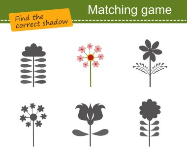 Doğru gölgeyi bul. Çocuklar için eğitici bir oyun. Düz çizgi film tarzı. Vektör illüstrasyonu