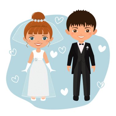 Düğün çifti. Gelin ve damat gelinlik giymiş sevimli chibi karakterleri. Düz çizgi film biçimi