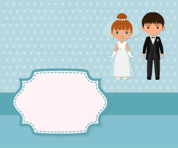 Huwelijksuitnodiging koppel op blauwe achtergrond. Cartoon platte stijl. Plaats voor tekst — Stockvector