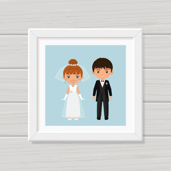 Esküvői pár. Aranyos chibi karakterek vőlegény és menyasszony esküvői ruhák keret a falon. Lapos rajzfilm stílus — Stock Vector