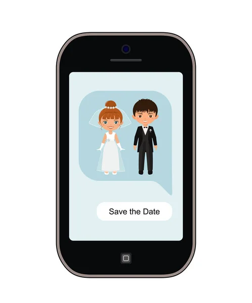 Huwelijksuitnodiging. Bruidspaar op smartphone scherm. Cartoon platte stijl — Stockvector