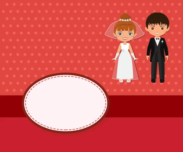 Huwelijksuitnodiging koppel op rode achtergrond. Plaats voor je tekst. Cartoon platte stijl — Stockvector