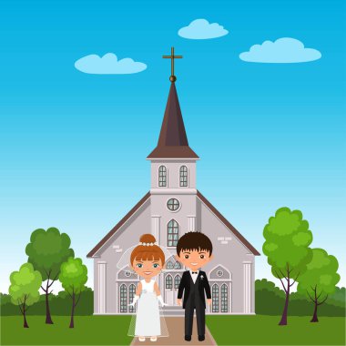 Düğün çifti kilisenin arka planında. Çizgi film düz stili