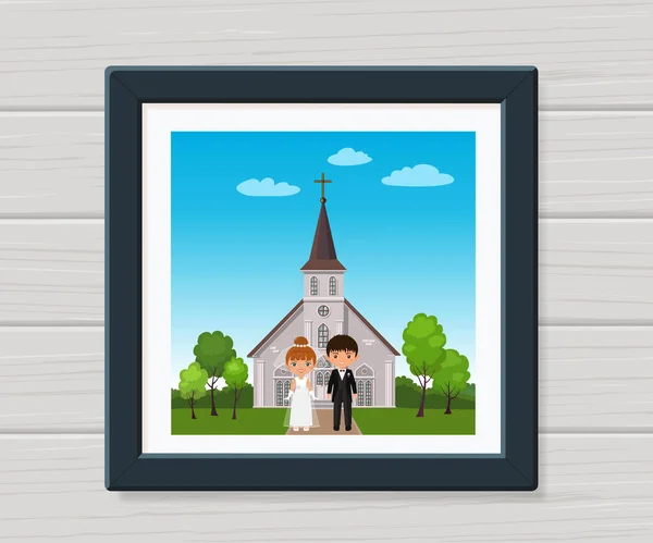Bruidspaar. Pasgetrouwden in beeld op de achtergrond van de kerk. Cartoon platte stijl — Stockvector