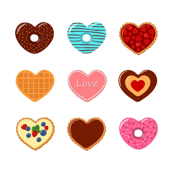 Día de San Valentín. Set de galletas y gofres en forma de corazón con fresas y chocolate — Vector de stock
