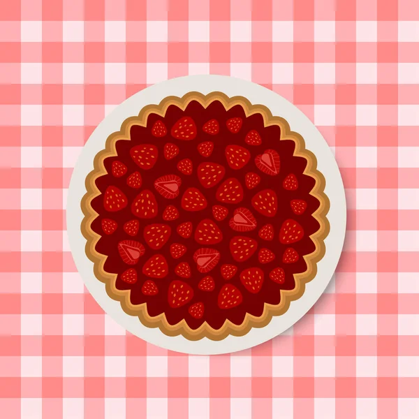 Pastel con mermelada de fresa en el plato. Dibujos animados estilo plano — Vector de stock