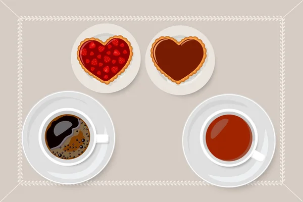 Día de San Valentín. Galletas de chocolate y mermelada de fresa con tazas de té y café. Dibujos animados estilo plano — Archivo Imágenes Vectoriales