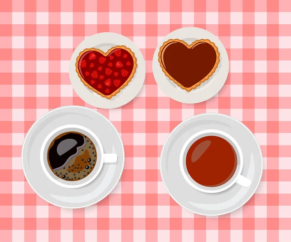 Valentinstag. Schokoladen- und Erdbeermarmeladenkekse mit Tassen Tee und Kaffee. Zeichentrickflacher Stil — Stockvektor