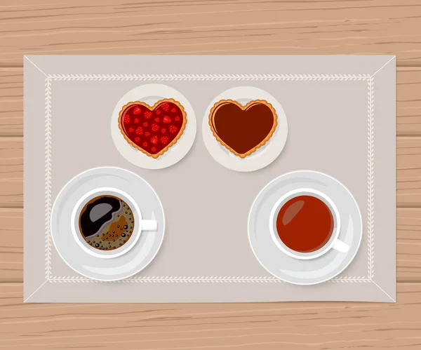 Valentinstag. Schokoladen- und Erdbeermarmeladenkekse mit Tassen Tee und Kaffee. Zeichentrickflacher Stil — Stockvektor