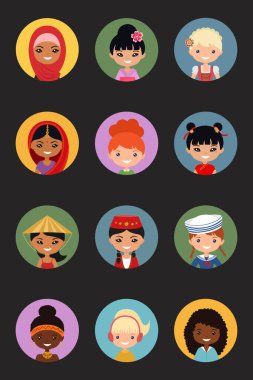 Koyu arka planda farklı milletlerden kadın kullanıcılarının simgeleri var. Çizgi film düz stili