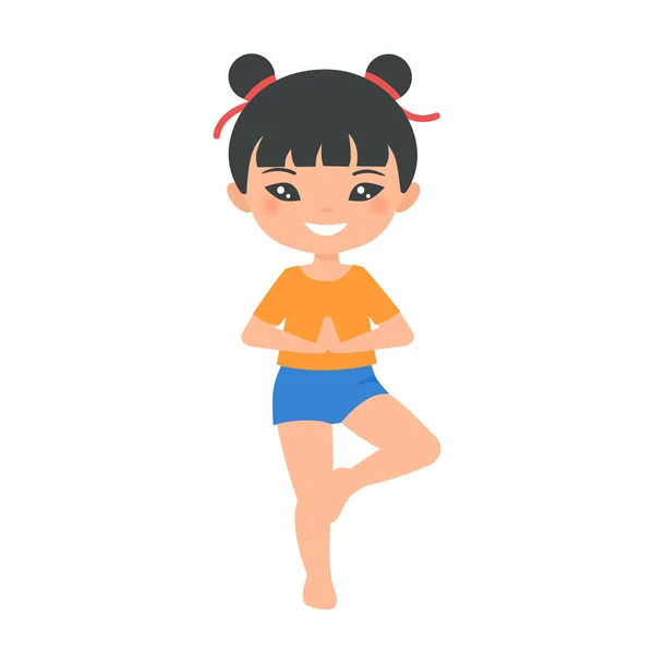 Cute Chinese Chibi Girl Doing Yoga Isolated White Background Cartoon — Stock Vector