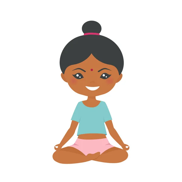 Linda Chica India Chibi Haciendo Yoga Sobre Fondo Blanco Estilo — Vector de stock