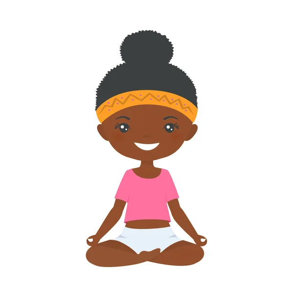 Linda Chica Chibi Afroamericana Haciendo Yoga Aislada Sobre Fondo Blanco — Vector de stock