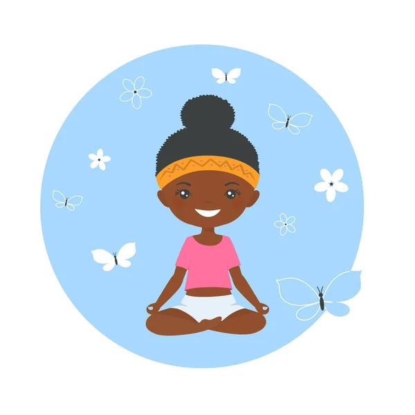 Linda Chica Chibi Afroamericana Haciendo Yoga Sobre Fondo Azul Estilo — Vector de stock