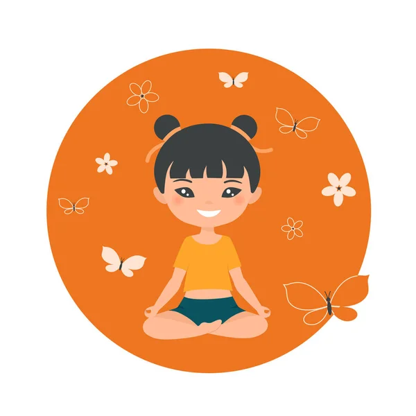 Linda Chica China Chibi Haciendo Yoga Sobre Fondo Naranja Estilo — Vector de stock