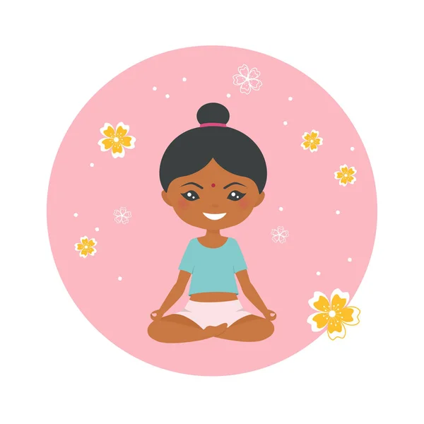Linda Chica India Chibi Haciendo Yoga Sobre Fondo Rosa Estilo — Vector de stock
