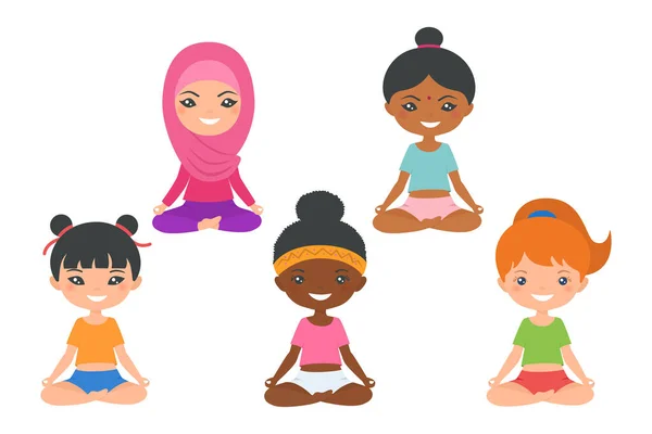 Conjunto Chicas Chibi Lindas Diferentes Nacionalidades Haciendo Yoga Aislado Sobre — Vector de stock