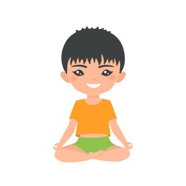 Yoga yapan tatlı Müslüman çocuk, beyaz arka planda izole edilmiş. Çizgi film düz stili. Vektör illüstrasyonu