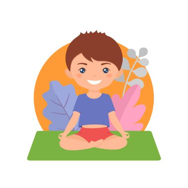 Arka planda yoga yapan sevimli chibi çocuk. Çizgi film düz stili. Vektör illüstrasyonu