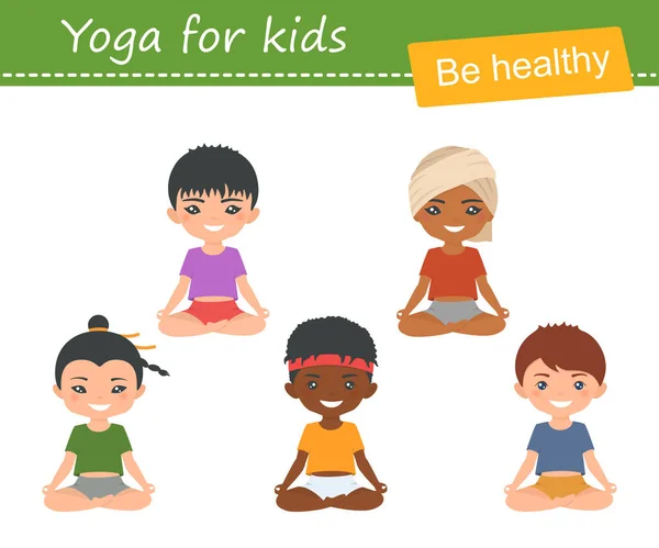 Yoga Pour Les Enfants Ensemble Garçons Chibi Mignons Différentes Nationalités — Image vectorielle