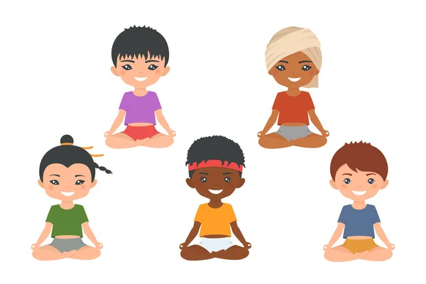Yoga Para Crianças Conjunto Meninos Chibi Bonitos Diferentes Nacionalidades Fazendo — Vetor de Stock