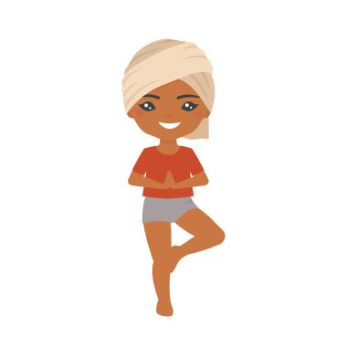 Sevimli Hintli çocuk Chibi yoga yapıyor. Beyaz arka planda izole edilmiş. Çizgi film düz stili. Vektör illüstrasyonu