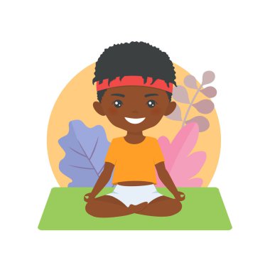 Şirin Afro-Amerikan chibi çocuk arka planda yoga yapıyor. Çizgi film düz stili. Vektör illüstrasyonu