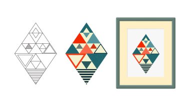 Geometrik şekillerin soyut deseni renk, çizgi sanat tarzı ve çerçeveli. Vektör illüstrasyonu